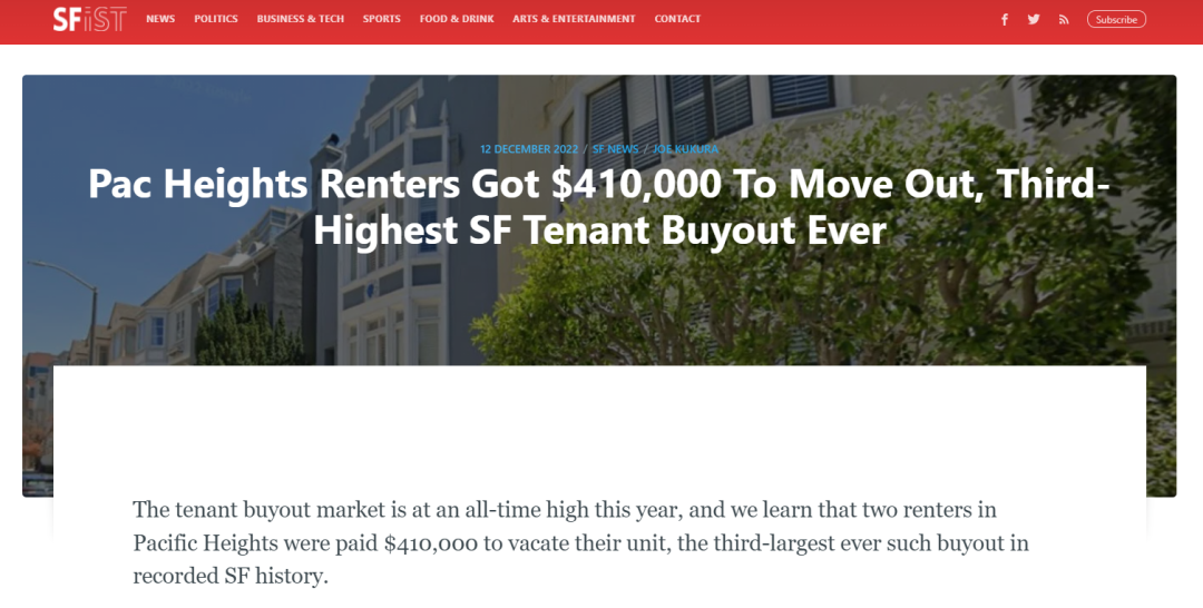 两名房客今年8月20日收到房东的41万美元，搬离太平高地住处，创下旧金山今年最高、史上第三高的“买断”（b ...