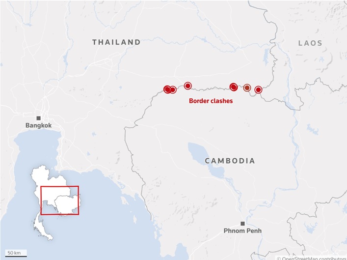 这张地图显示了泰国和柬埔寨之间有争议的边界沿线发生军事冲突的地点 这张地图显示了泰国和柬埔寨之间有争议的边界沿线发生军事冲突的地点